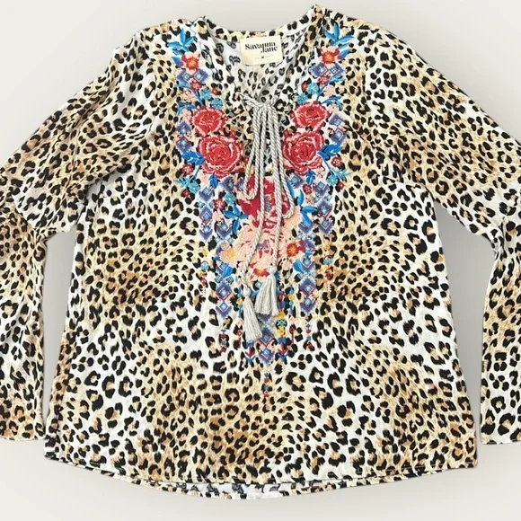 Savanna Jane Floral Embroidered Leopard Print Bell Sleeve Blouse Size Medium - Picture 10 of 15